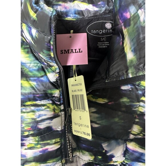 Tangerine Puffer Vest Packable Black Multi Color Watercolor Size Small Women’s - Picture 3 of 8